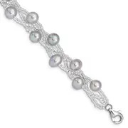 7.5 Inch Sterling Silver Rhd-Plt 7-9mm Grey Fwc Pearl Glass Bead Bracelet