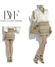 Diane von Furstenberg JUNTA Silk Laser Cut-Out Beaded W/ Leopard Mini Skirt Sz 0