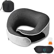 [MILADO] Travel Pillow,Upgraded 100% Memory Foam Neck Pillow for Traveling,Ergonomic Design Soft Best Flight Pillow,Neck Pillow Airplane Kit with 3D Contoured Eye Masks,Earplugs and Luxury Bag (Grey)