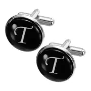 2Pcs Initial Cufflinks, Iron Round Letter Cuff Links for Men (Black/White, T)