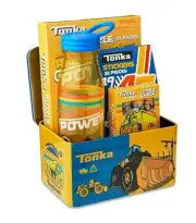 Tonka Tin Box/Basket Gift Set: Puzzle, Stickers, Jumbo Chalk, Water Bottle NWT