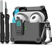 [RFUNGUANGO] Airpods 3rd Generation Case with Secure Lock Clip, Full Body Shockproof Hard Shell Protective, AirPods 3 Case Compatible with Apple AirPod 3rd Gen 2021 [front LED visible] - Black