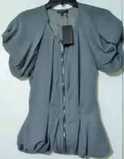 NWT Burberry 1856 Vintage Gray Zip Front Puff Sleeve Peplum Top Small $ Italy