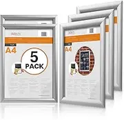 Deflecto Pk 5 x A4 Snap Frame Silver - Aluminium Clip Frames - Wall Mount Picture Frames - Posters Display Holder - Front Opening Picture Frame Clips