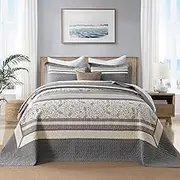 PANGUSHAN 120"×120" 100% Cotton Oversized Bedspread, California King Bedspread Reversible Floral Farmhouse XL Oversized Quilt Coverlet Bedding Set Lightweight Comforter, Gray