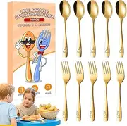 Husoiuy Children's Forks and Spoons - Kitchen & Dining Cutlery, Ergonomic Dinosaur Engraving Cutlery Made of Stainless Steel with 5 Forks & 5 Spoons for School, Lunch and Home