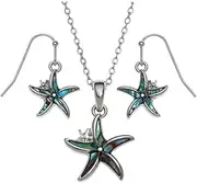 [Tide Jewellery] Blue/Green Starfish Paua shell rhodium-plated pendant and earrings set, One Size, Metal, No Gemstone