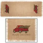 Burlap MERRY CHRISTMAS Red Pickup Truck Table Runner, 13" x 36"