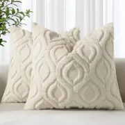 Throw Pillow Covers 18x18 Inch Set of 2, Soft Plush Faux Wool Beige Couch Pil...
