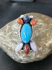 Cluster Blue Turquoise Spiny Oyster Onyx Sterling Silver Ring Size 8 18564