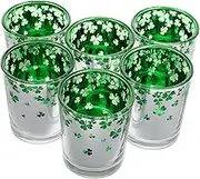 GAXIRE Green Glass Candle Holder with Shamrock Design for Patrick Day Table Decor Festive Centerpieces for Home Weddings and Celebrations