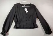 Topshop Blouse Top Women Size 6 Black 100% Polyester Pleated V Neck Button Front