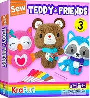 KraFun Teddy & Friends Sewing Kit for Kids 7+ Years, 3 Stuffed Animal Dolls (Teddy, Raccoon, Owl), Felt, Instructions, Reusable Box, Educational Craft Toy