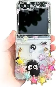 [NXBNK] for Galaxy Z Flip 6 Case, Soot Sprite Floral Hard Clear Phone Case for Samsung Galaxy Z Flip 6 2024 Plus a Free Phone Chain, Cartoon Flip Case for Girls Women - Soot Sprite