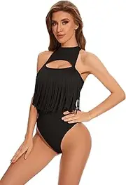 [Wudodo] Women's Cowgirl Fringe Trim Sleeveless Bodycon Halter Leotard Cutout Front Bodysuit Western Country Concert Outfits Tassel Top