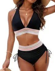 [HUTRADE] Bikini Women's Set Sexy Swimsuit Swimwear High Waist Colour Block Two Piece Drawstring Swimsuits Bikini for Women 2025 Summer, Black, M
