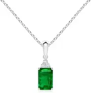[Angara] Natural Emerald-Cut Emerald Pendant Necklace with Diamond Trio in Sterling Silver/10ct/14ct Solid Gold for Women | May Birthstone Jewellery for Her