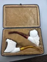 Two Meerschaum Turkish Sultan tobacco pipes in a fitted case. Bird Man