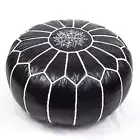 Moroccan Handcrafted Leather Pouf, handmade leather pouf, White and black pouf,