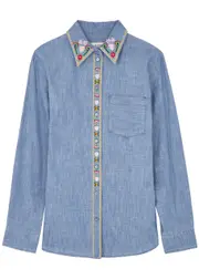 Max Mara Weekend Udine Floral-embroidered Chambray Shirt - Denim - 10 (UK10 / S) 10 (UK10 / S)