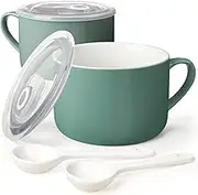 Wareland Soup Bowls with Handles & Spoons, 30oz Ceramic Ramen Bowl with Lid, Large Soup Mugs/Cups for Instant Noodle, Big Cereal Bowls for Oatmeal, Soup Containers with Lids, Set of 2, Teal Blue