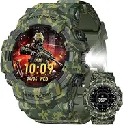 MIDDOW Military Smart Watch with Flashlight (Answer/Make Call) Compass, Heart Rate/Sleep/Sports Tracker, IP68 Waterproof, Long Battery Life, HD Screen, Android & iOS (Camouflage Green)