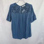 LOFT Womens Blue Embroidered Flutter Sleeve Top with Back Button Closure Medium