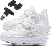 [AMMFIT] Boys and Girls Roller Skates Shoes with Double-Row Wheels Winter Warmth Sneakers Retractable Technical Skateboarding Shoes for Kids,White-7BigKid