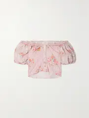 [LOVESHACKFANCY] LOVESHACKFANCY - Izetta Floral-print Broderie Anglaise Gingham Cotton-seersucker Top - Baby pink - US10 US 10 Pink
