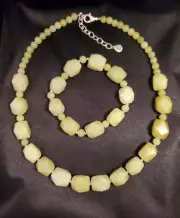BARSE Vtg Necklace & Bracelet Set, Light Jade Faceted Stones & Sterling Silver