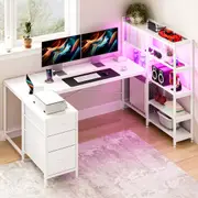Advwin U Shaped Gaming Desk with LED Lights & Power Outlets Reversible 164cm Corner Computer Desk with 3 Drawers and Bookshelf White