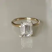 3Ct Emerald-Cut Real Moissanite Solitaire Engagement Ring 14k Yellow Gold Plated
