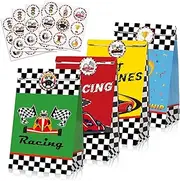 24 Pack Race Car Party Bags with Stickers Checkered Flag Party Favor Bags Treat Bag Racing Pit Crew Goody Gift Bags for Let's Go Racing Car Party Supplies Two Fast Birthday Checkered Flag Party Decor