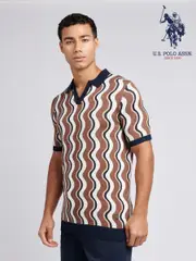 U.S. Polo Assn. Brown Mens Wave Knit Open Collar Polo Shirt (F61731) | $150