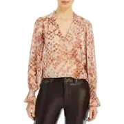 AQUA Chiffon Metallic Blouse Women's XS Ivory Multi Long Blouson Sleeve Pullover