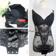 Euro "Yamamay" Black See-Through Open-back Body Slip Bodysuit with Push-Up Cups