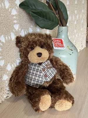 Gund RAYMOND Teddy Bear Plush Plaid Vest - Best Dad - Brown Shaggy Stuffed NEW