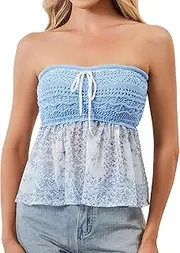 [Sujama] Womens Floral Print Bandeau Tube Top 2025 Summer Sleeveless Strapless Tank Cute Y2k Going Out Babydoll Peplum Tops, Blue, Large