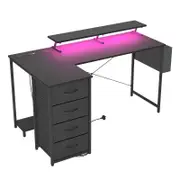 Advwin L Shaped Gaming Desk 140cm with LED Lights & Power Outlets Convertible Computer Desk with Monitor Stand Black