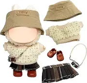 17cm Doll Clothes Compatible with Labubu Dolls, Cute Casual Doll Clothes Accessories Set with 1 Apricot Knitted Top 1 Checkered Skirt 1 Hat 1 Camera Charm 1 Shoes for Girls Birthday Gift, No Doll
