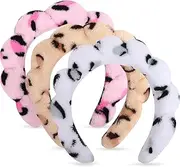 3pcs Skincare Headband For Washing Face Spa Makeup Face Wash Headband Cute Puffy Sponge Bubble Headband Hair Accessories For Women (White Pink Khaki Leopard, One size)