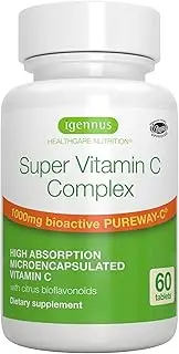 Super Vitamin C Complex, 1000mg High Absorption Pureway-C Vegan Vitamin C with Bioflavonoids, 60 Servings, 2 Month Supply, 24-Hour Action, Immune Health, Energy, Heart & Brain, by Igennus