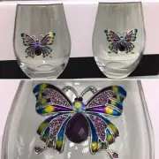 x2 Rachel Zoe Rhinestone Butterfly Stemless Wine Glass Set Purple Jeweled Summer