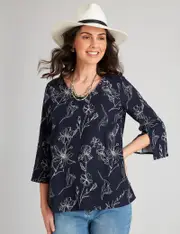 W. Lane Linen Floral Outline Top - Size 8 - Womens - FLORAL OUTLINE