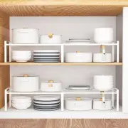13"-24" L Expandable Cabinet Shelf Rack Set of 2, Stackable Kitchen White