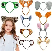 Jungle Animal Headband Ears for Kids Party, Plush Safari Animal Hairhoop as Birthday Dress-up Accessories, Set of 10 Giraffe, Leopard, Elephant, Bunny, Frog, Deer, Wolf, Kangaroo, Tiger, Monkey