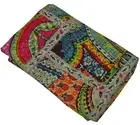 Indian Handmade Patchwork Queen Cotton Kantha Quilt Throw Blanket Bedspread