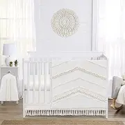 Sweet Jojo Designs Ivory Gender Neutral Boho Bohemian Baby Girl Boy Nursery Crib Bedding Set - 4pc - Solid Color Beige Cream Off White Farmhouse Chic Unisex Minimalist Tassel Fringe Macrame Cotton
