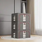 3Pcs Clothes Storage Bins,24L Grey Clothes Storage Boxes with Metal Frame,Foldable Fabric Bins Organizer for Clothes,Stackable Openings Cloth Storage Bin with Lid,Clear Windows,Zippers,Durable Handles