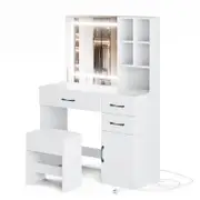 Advwin Dressing Table Stool Set with Charging Station LED Light Mirror White